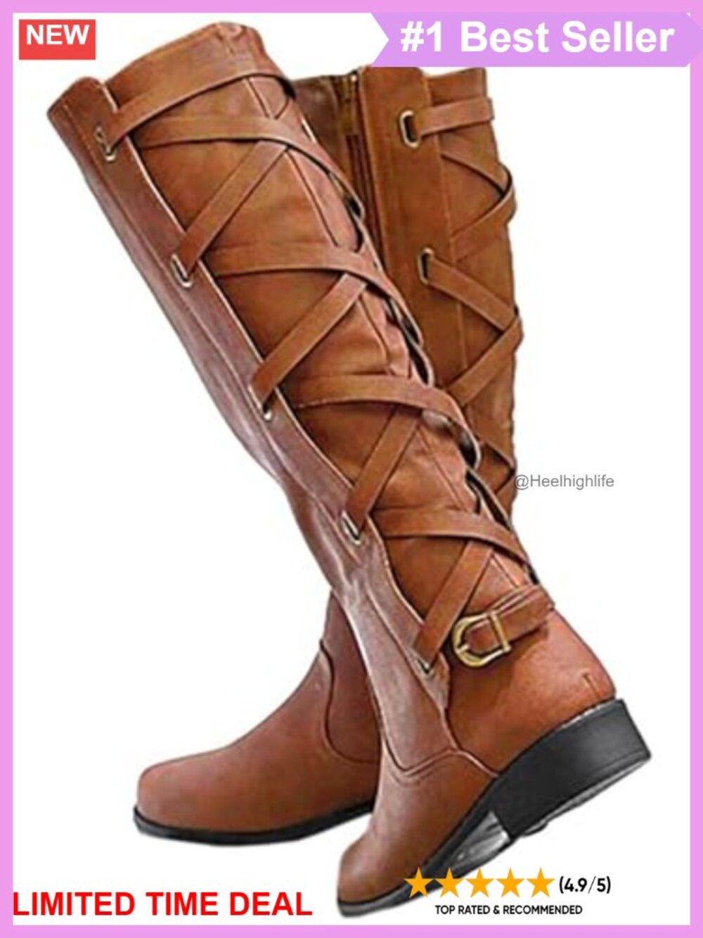 Faux Leather Strappy Motorcycle Knee High Boots Lace Up Low Heel Riding